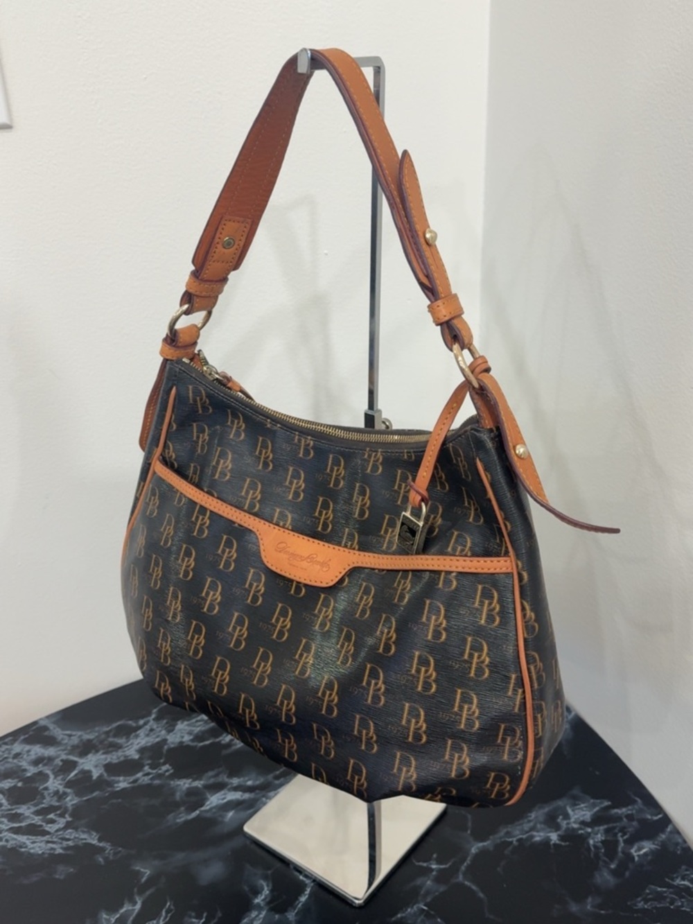 Dooney & Bourke Handbag Brown Logo Hobo with Tan Trim AUTHENTIC
